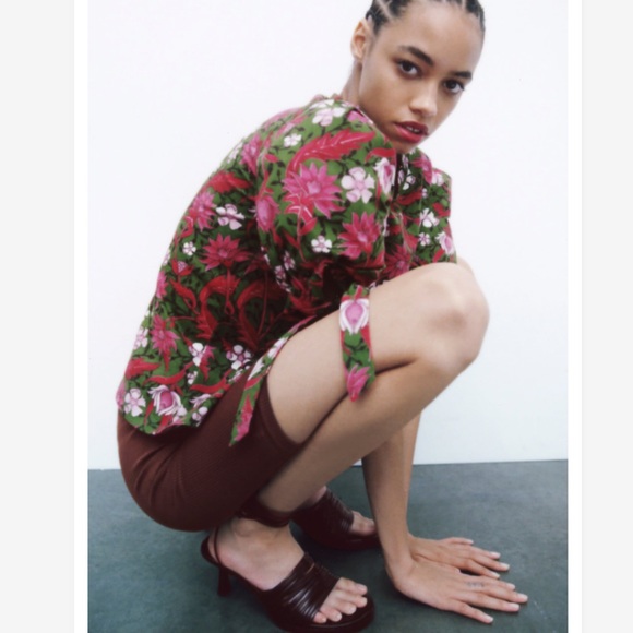 Zara Pink & Green Floral Cotton Bow Tie Puff Short Sleeve Cropped Top - M - Picture 3 of 15